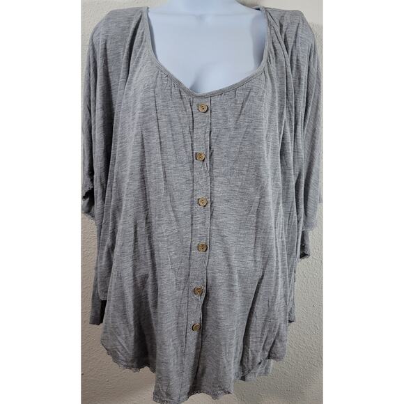 B.L.E.U. Gray Heathered Faux Button Up Layered Top 1X Plus Lightweight Flowy - Picture 1 of 6